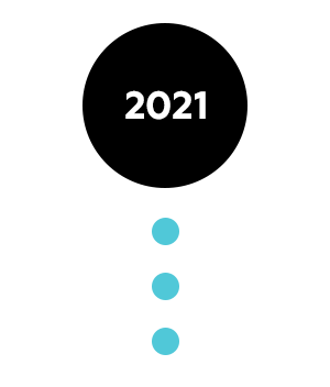 A black circle that reads 2021, with three small blue circles underneath