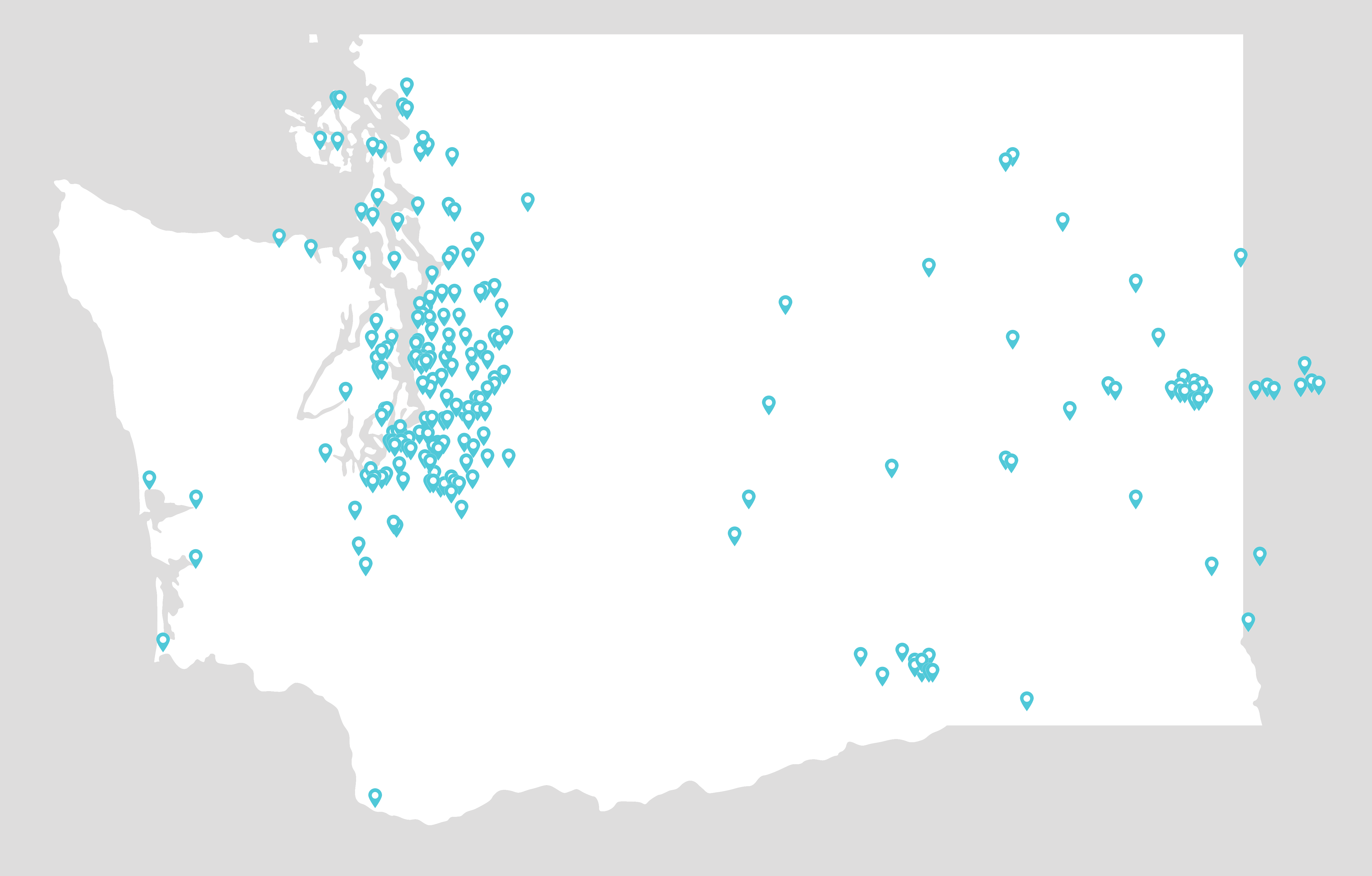 Map of Washington State with scattered blue location pins representing Embright network providers